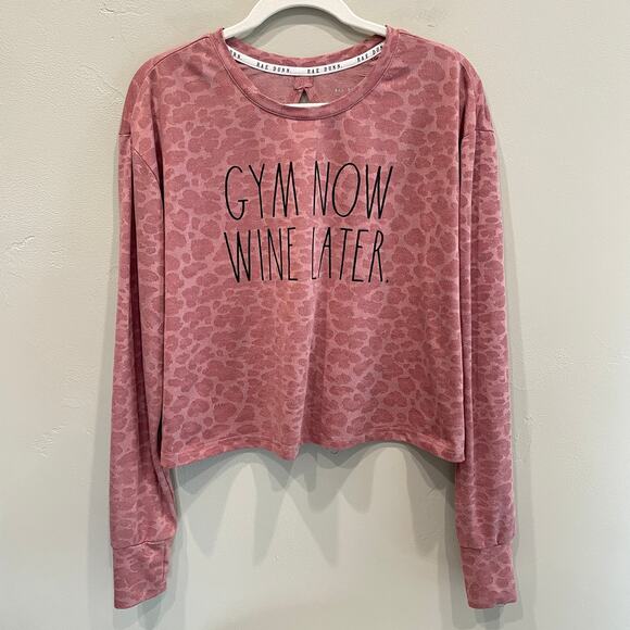 Rae Dunn ‘Gym Now Wine Later’ Leopard Print Top in Pink - Size: Large - Picture 1 of 6